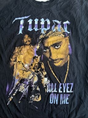 Black Graphic Short Sleeve Tee with Purple and Gold Print - All Eyez On Me